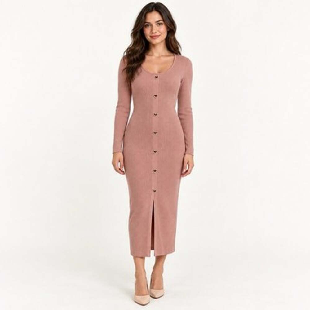 Madden Girl Ribbed Long sleeve scoop neck Midi Dress Size XL Heart Buttons Pink
